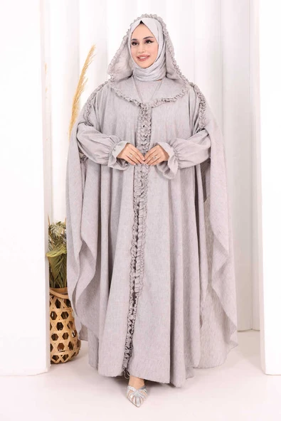 Keten Pelerinli Elbise Abaya Takım 8021 Açık Gri ürün görseli 1