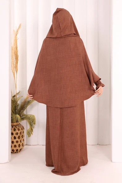 Keten Sufleli Elbise Takım 6067 Taba - Resim 5