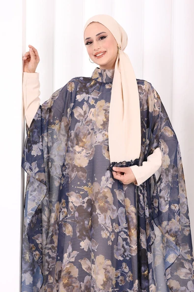 Desenli Şallı Elbise 6076 Lacivert - Resim 7