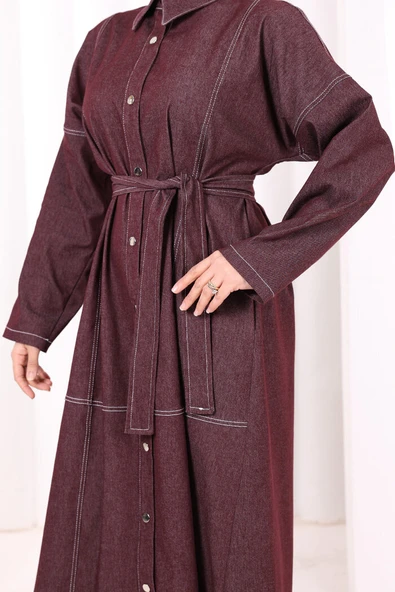 Düğmeli Denim Elbise 7070 Bordo - Resim 5