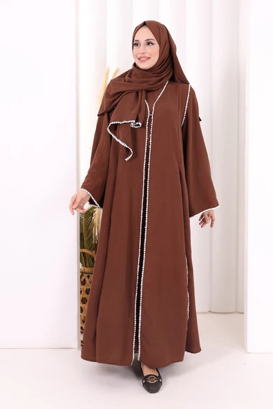 Dantel Şeritli Abaya Elbise Şal Üçlü Takım 6074 Kahverengi ürün görseli 1