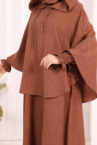 Keten Sufleli Elbise Takım 6067 Taba - Resim 8