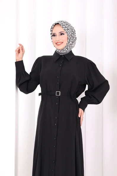 Kemerli Kloş Elbise 7073 Siyah - Resim 4