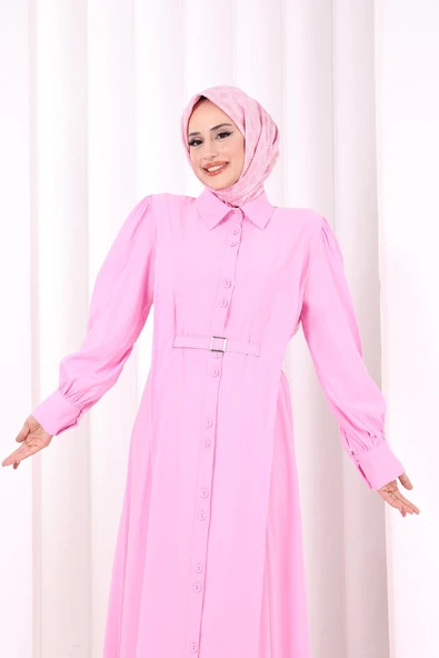 Kemerli Kloş Elbise 7073 Pembe - Resim 5
