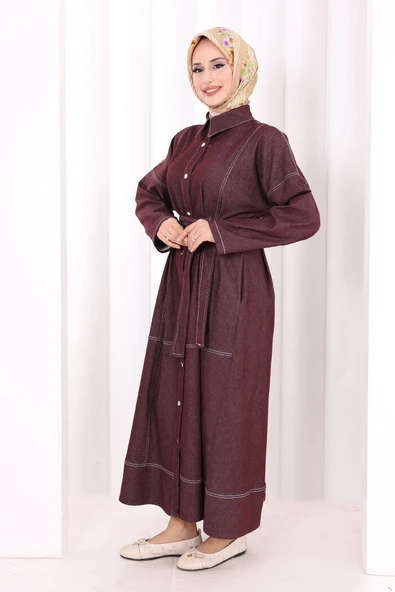Düğmeli Denim Elbise 7070 Bordo - Resim 2