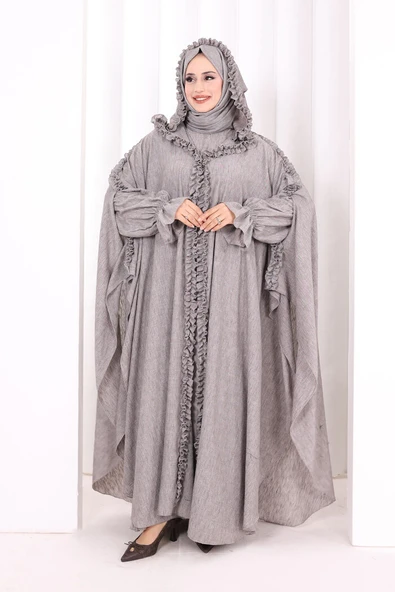 Keten Pelerinli Elbise Abaya Takım 8021 Kahverengi ürün görseli 1