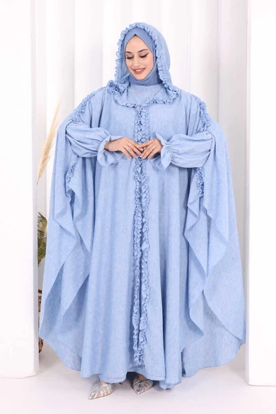 Keten Pelerinli Elbise Abaya Takım 8021 Mavi ürün görseli 1