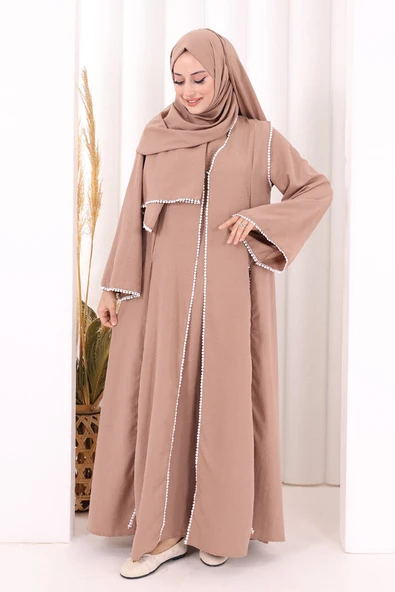 Dantel Şeritli Abaya Elbise Şal Üçlü Takım 6074 Somon ürün görseli 1
