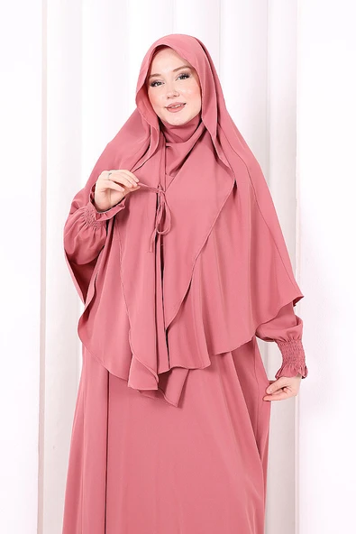 Peçeli Cilbab Model Elbise 6063 Gül Kurusu - Resim 5