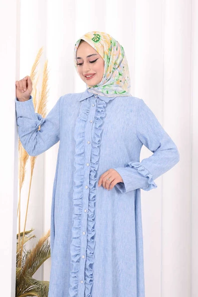 Fırfır Detaylı Elbise 6066 Mavi - Resim 5