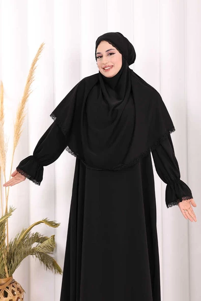 Dantel Detay Sufleli Elbise 6061 Siyah - Resim 5
