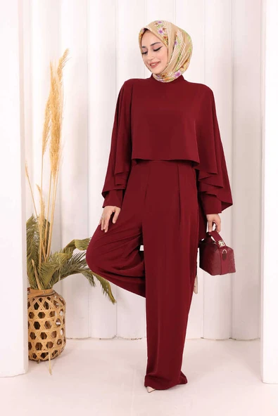 Pelerinli Tulum 8022 Bordo - Resim 3