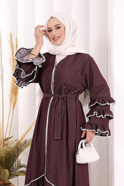Fırfır Detaylı Abaya 6078 Bordo - Resim 6