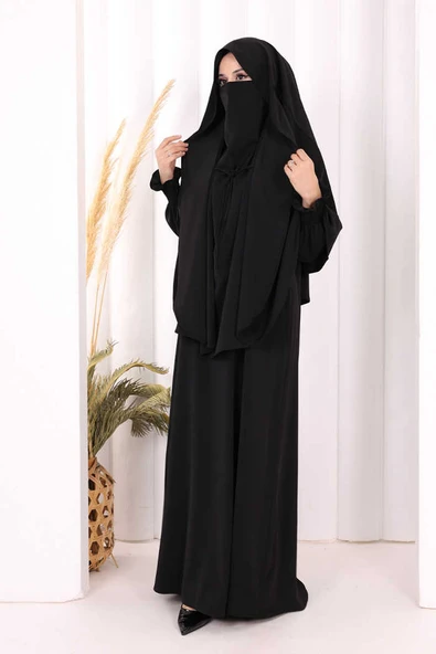 Peçeli Cilbab Model Elbise 6063 Siyah - Resim 4