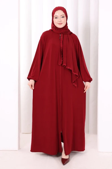 Dantel Detay Şallı Namaz Feracesi 6010 Bordo ürün görseli 1