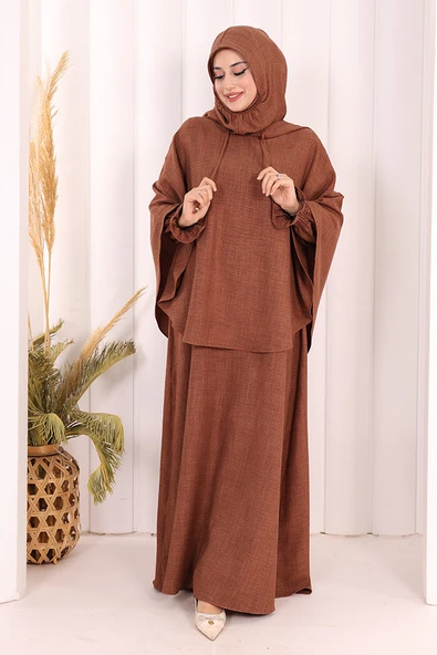 Keten Sufleli Elbise Takım 6067 Taba - Resim 7