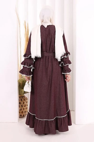 Fırfır Detaylı Abaya 6078 Bordo - Resim 4