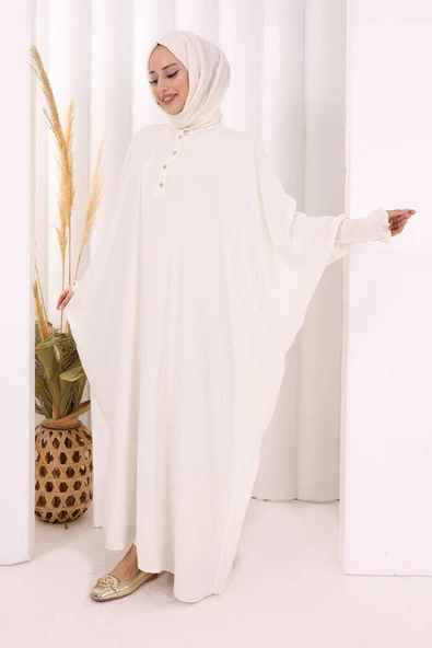 Yarasakollu Elbise 6077 Ekru - Resim 3