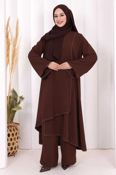 Biyeli Uzun Tunik Pantolon Takım 8005 Kahverengi ürün görseli 1