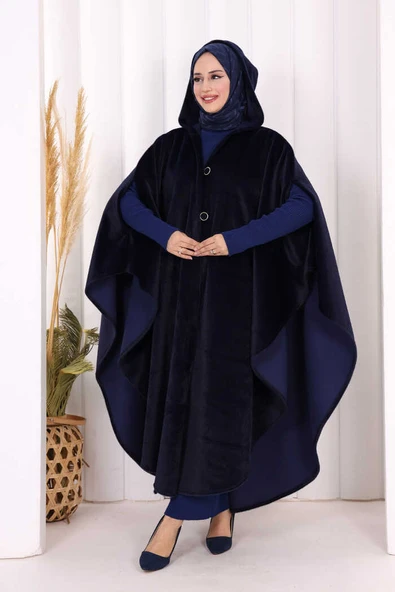 Foks Kumaş Kapşonlu Panço 70130 Lacivert - Resim 5