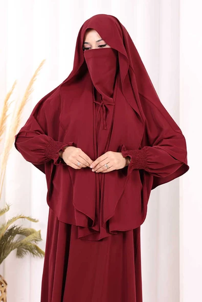 Peçeli Cilbab Model Elbise 6063 Bordo - Resim 6