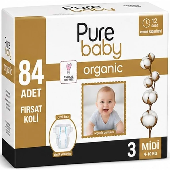 Pure Baby Organik Bebek Bezi 3 Beden 4-10 KG Midi 84 Adet Aylık Fırsat Pk ürün görseli 1