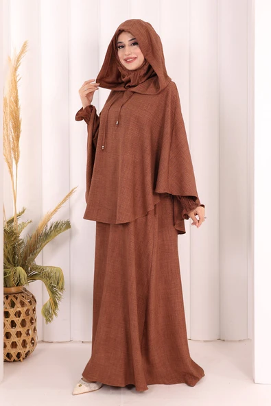 Keten Sufleli Elbise Takım 6067 Taba - Resim 4