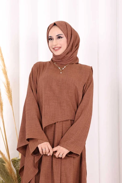 Pelerinli Elbise 6068 Taba - Resim 6