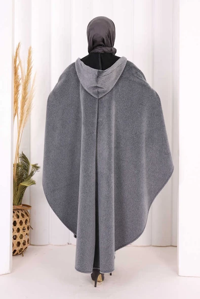Foks Kumaş Kapşonlu Panço 70130 Gri - Resim 3