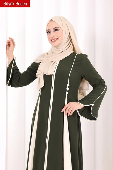 Biyeli Fermuarlı Ferace 7050-1 Haki - Resim 5