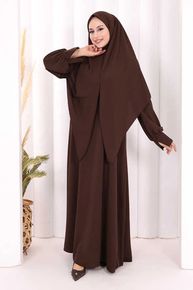 Eşarplı Elbise 6059 Kahverengi - Resim 7