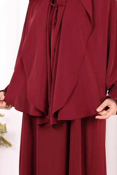 Peçeli Cilbab Model Elbise 6063 Bordo - Resim 7