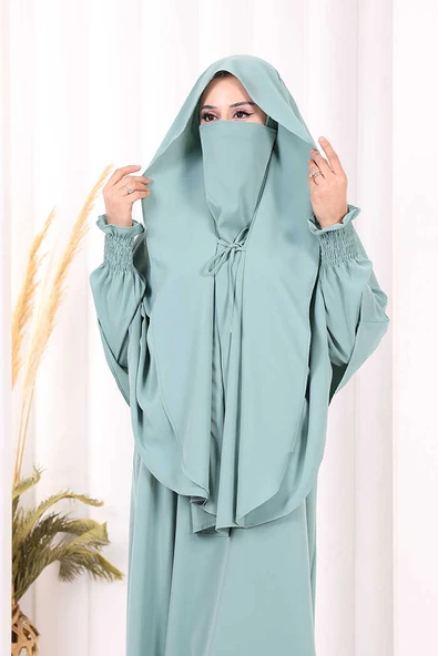 Peçeli Cilbab Model Elbise 6063 Mint - Resim 5