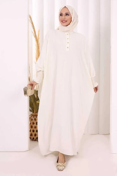 Yarasakollu Elbise 6077 Ekru - Resim 2