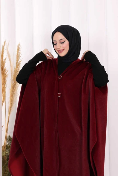 Foks Kumaş Kapşonlu Panço 70130 Bordo - Resim 4