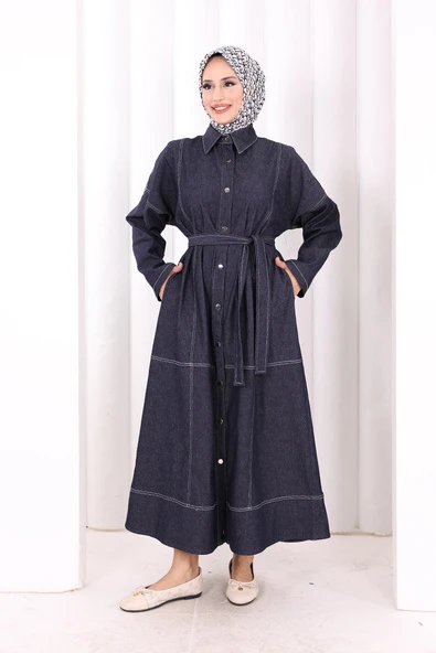 Düğmeli Denim Elbise 7070 Lacivert ürün görseli 1