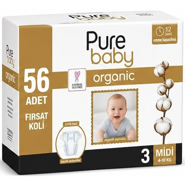 Pure Baby Organik Bebek Bezi 3 Beden 4-10 KG Midi 56 Adet Ekonomik Fırsat Pk ürün görseli 1