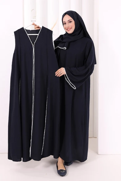 Dantel Şeritli Abaya Elbise Şal Üçlü Takım 6074 Lacivert ürün görseli 1