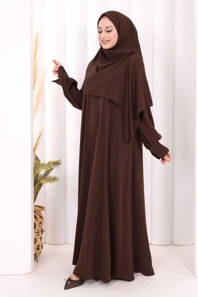 Eşarplı Elbise 6059 Kahverengi - Resim 4