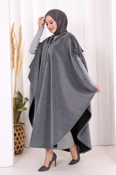 Foks Kumaş Kapşonlu Panço 70130 Gri - Resim 2