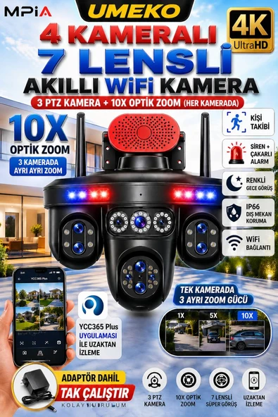 MPIA UMEKO 4 Kameralı 7 Lensli WiFi Kamera 3 PTZ 10X Optik Zoom IP66 Gece Görüş ürün görseli 1