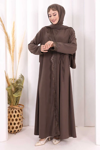 Danteli Şallı Abaya Şal Hediyelidir! 7069 Kahverengi ürün görseli 1