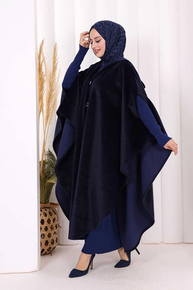 Foks Kumaş Kapşonlu Panço 70130 Lacivert - Resim 3