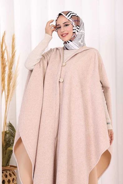 Foks Kumaş Kapşonlu Panço 70130 Somon - Resim 5