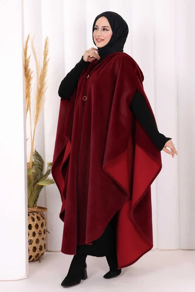 Foks Kumaş Kapşonlu Panço 70130 Bordo - Resim 3