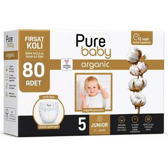 Pure Baby Organik Bebek Bezi 5 Beden 11-20 KG Junior 80 Adet Ekonomik Fırsat Pk ürün görseli 1