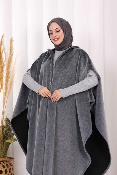 Foks Kumaş Kapşonlu Panço 70130 Gri - Resim 4