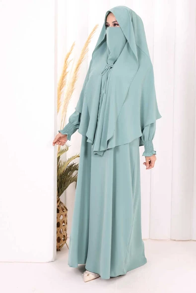 Peçeli Cilbab Model Elbise 6063 Mint - Resim 3