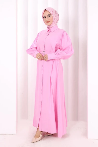 Kemerli Kloş Elbise 7073 Pembe - Resim 3