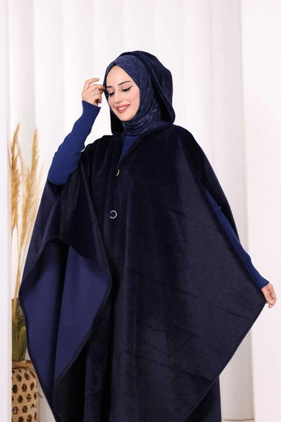 Foks Kumaş Kapşonlu Panço 70130 Lacivert - Resim 6